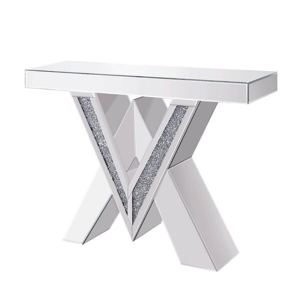 Wood and Mirror Console Table with Interlocking V Shape Base, Clear