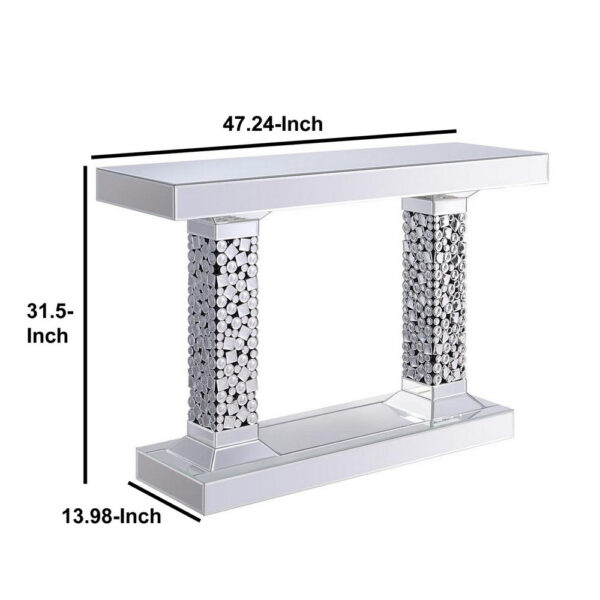140220266990f008984b6.jpeg Wood and Mirror Console Table with Two Pedestal Base, Clear and Black