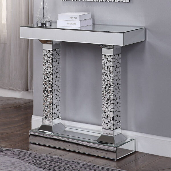 140220266990f00a55567.jpeg Wood and Mirror Console Table with Two Pedestal Base, Clear and Black