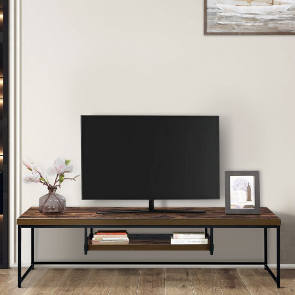 140220266990f0179e8ff.jpeg Rectangular Wood And Metal TV Stand With One Shelf, Brown And Black