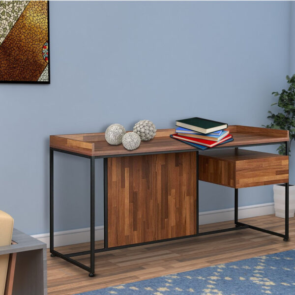 140220266990f03232629.jpeg Wooden Top Desk With Rectangular Metal frame, Walnut Brown & Sandy Black