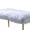 Modern Style Faux Fur Upholstered Metal Bench with Tapered Legs, White and Gold