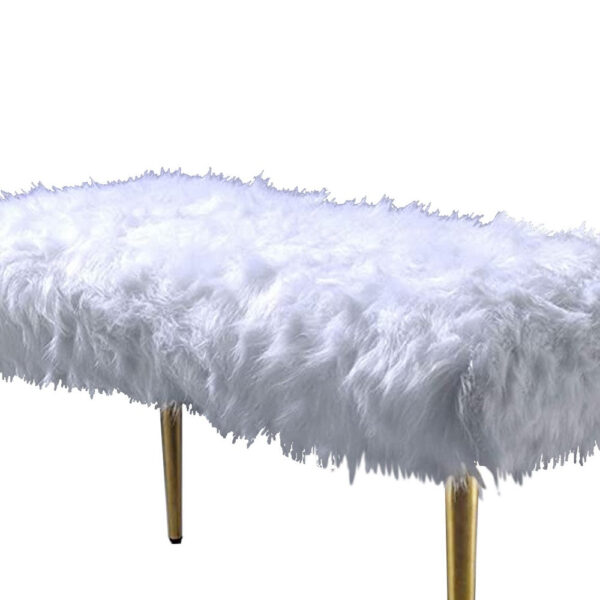 Modern Style Faux Fur Upholstered Metal Bench with Tapered Legs, White and Gold