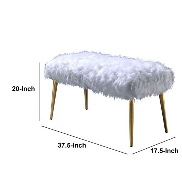 Modern Style Faux Fur Upholstered Metal Bench with Tapered Legs, White and Gold