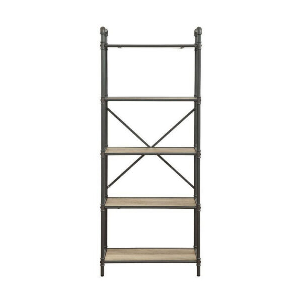 Five Tier Metal Bookshelf With Wooden Shelves, Oak Brown & Gray