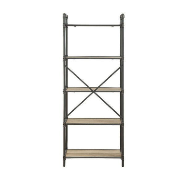 Five Tier Metal Bookshelf With Wooden Shelves, Oak Brown & Gray