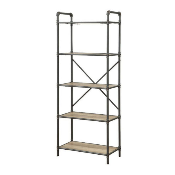 Five Tier Metal Bookshelf With Wooden Shelves, Oak Brown & Gray