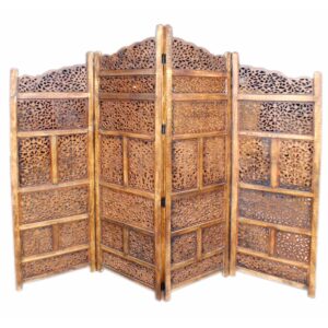 Benzara Hand Carved Foldable 4 Panel Wooden Partition Screen/RoomDivider,Brown