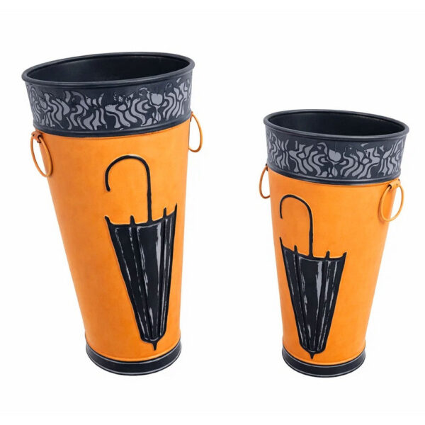 140220266990f08379ad4.jpeg 21, 16 Inch Metal Umbrella Stands, Black Engraved Artwork, Set of 2, Orange