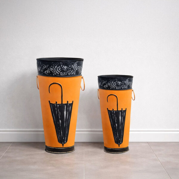 140220266990f08c46072.jpeg 21, 16 Inch Metal Umbrella Stands, Black Engraved Artwork, Set of 2, Orange