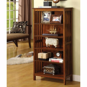 140220266990f0b234b1b.jpeg 5 Tier Wooden Media Shelf with Slatted Side Panels, Oak Brown