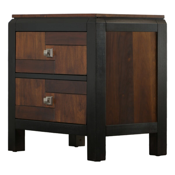 28 Inch Handcrafted Bedside Nightstand, 2 Drawers, Sleek Wood Pattern, Square Knobs, Walnut Brown