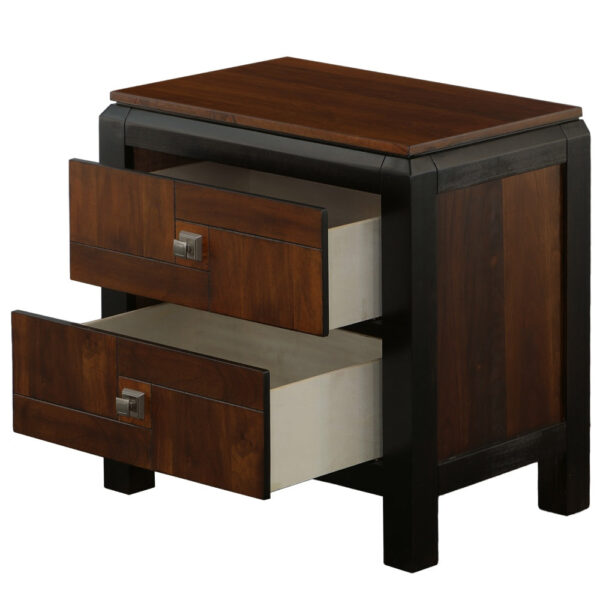 28 Inch Handcrafted Bedside Nightstand, 2 Drawers, Sleek Wood Pattern, Square Knobs, Walnut Brown