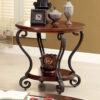 Round Wood and Metal End Table with Scroll Details, Brown