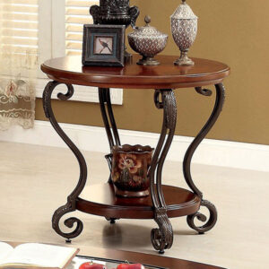 Round Wood and Metal End Table with Scroll Details, Brown