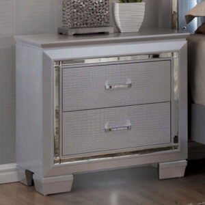 140220266990f0ec01242.jpeg 2 Drawer Wooden Nightstand with Embossed Textured Details, Gray