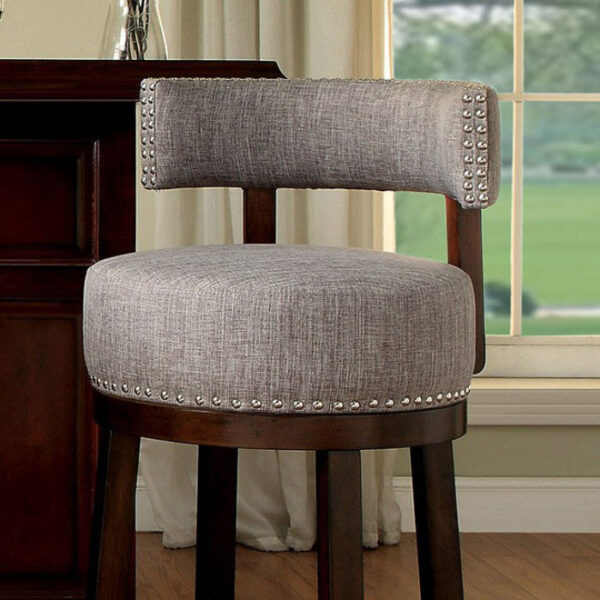 Swivel Barstool with Curved Open Low Back, Set of 2, Gray and Brown