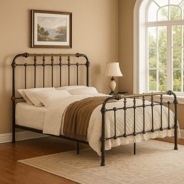 Curved Headboard Metal Full Size Bed with Spindles, Black and Gold
