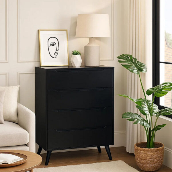 4 Drawer Wooden Chest With Round Tapered Legs, Black