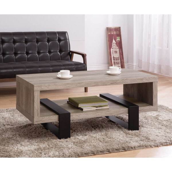 Modern Driftwood Open Shelf Coffee Table, Gray and Black