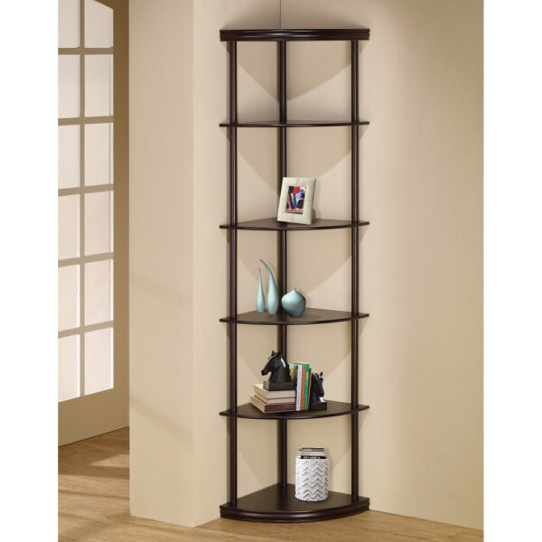 Illuminating corner bookcase with five pie shaped shelves, Brown