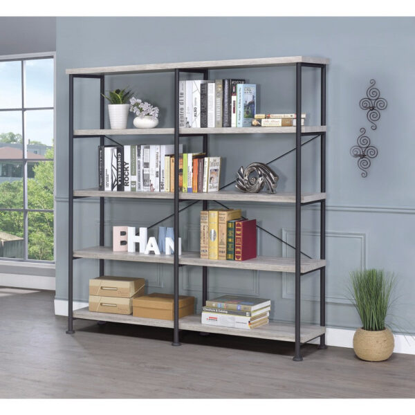 Olga 63 Inch Industrial 4 Tier Bookshelf, Particleboard, Metal Frame, Gray, Black