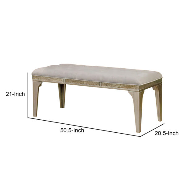 140220266990f3e153c17.jpeg 51 Inch Wood Bench, Cushioned Seat, Tapered Legs Support, Gray, Champagne Silver