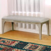 140220266990f3e2685d2.jpeg 51 Inch Wood Bench, Cushioned Seat, Tapered Legs Support, Gray, Champagne Silver