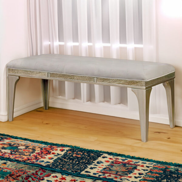 140220266990f3e2685d2.jpeg 51 Inch Wood Bench, Cushioned Seat, Tapered Legs Support, Gray, Champagne Silver