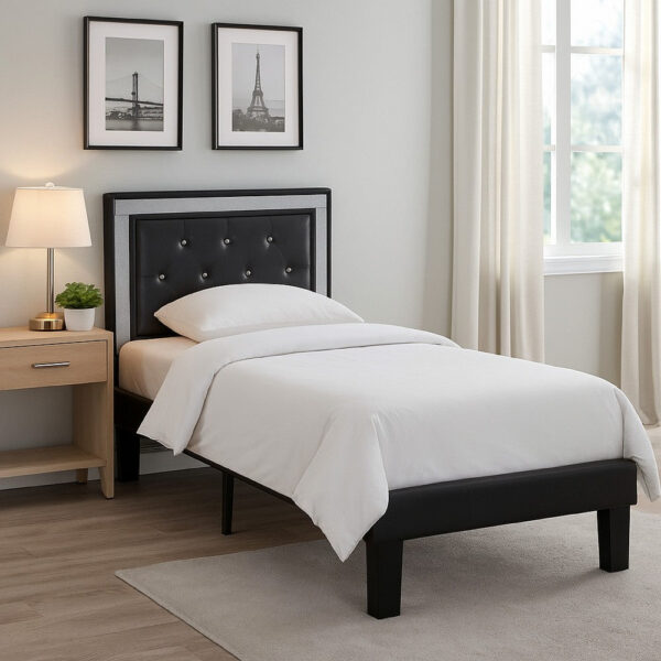 Polyurethane Twin Size Bed In High Headboard In Black
