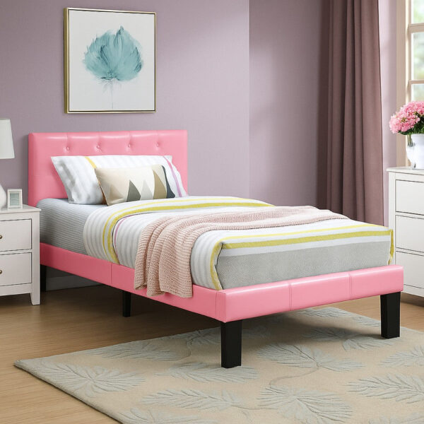 140220266990f47753275.jpeg Faux Leather Upholstered Twin size Bed With tufted Headboard Pink