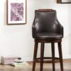 Bar Height Chair, Set of 2, Dark Brown Faux Leather, Wood Legs