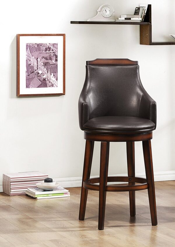 Bar Height Chair, Set of 2, Dark Brown Faux Leather, Wood Legs