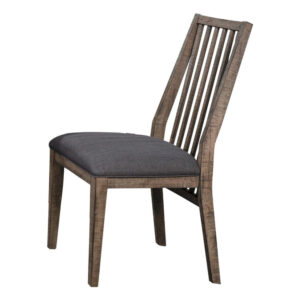 25 Inch Rustic Wood Dining Chair, Slatted Back, Gray Fabric Seat, Set of 2