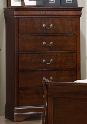 140220266990f786f2f41.jpeg 5 Drawer Wooden Chest with Metal Hardware, Cherry Brown