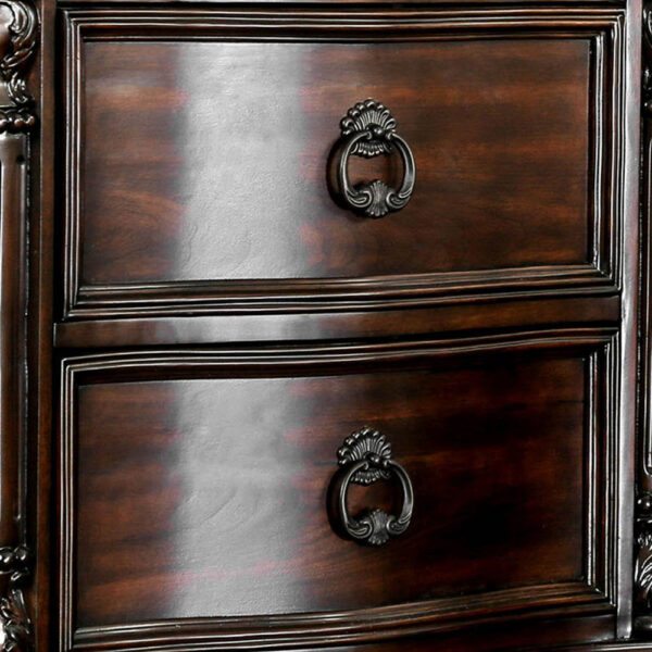 30 Inch Nightstand with 2 Drawers, Classic Marble Top, Ornate Pilasters, Dark Cherry Brown