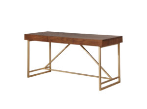 140220266990f7ea6bc1c.jpeg Modern Style Wooden Writing Desk with Unique Metal Legs, Walnut Brown and Gold