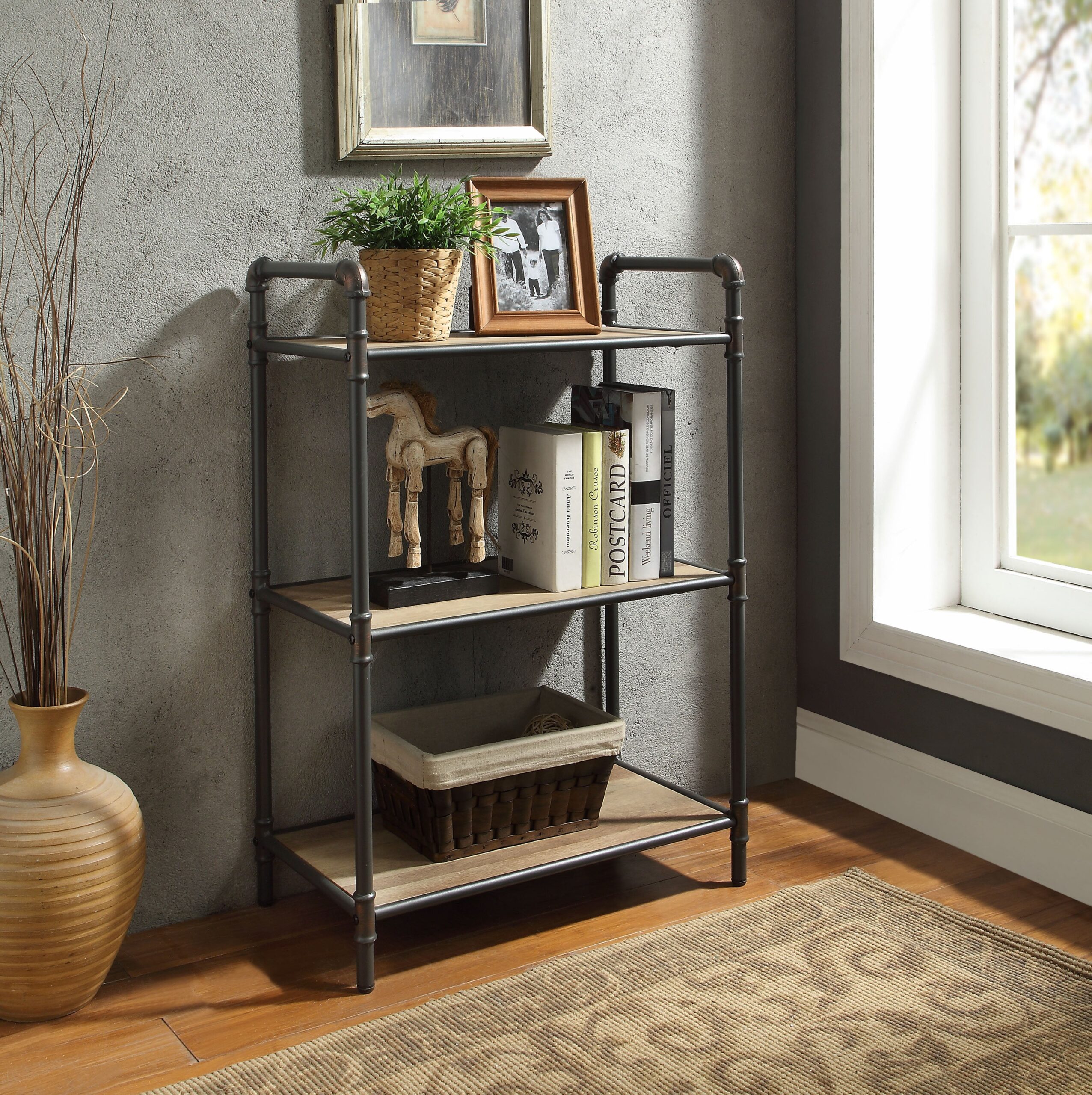 Three Tier Metal Bookshelf With Wooden Shelves, Oak Brown & Gray