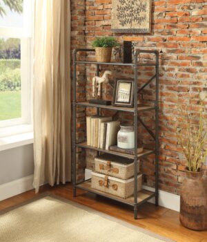 Three Tier Metal Bookshelf With Wooden Shelves, Oak Brown & Gray