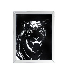 Rectangular Mirror framed Tiger Wall Decor With Crystal Inlays, Black & Silver