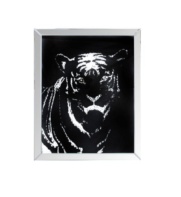 Rectangular Mirror framed Tiger Wall Decor With Crystal Inlays, Black & Silver
