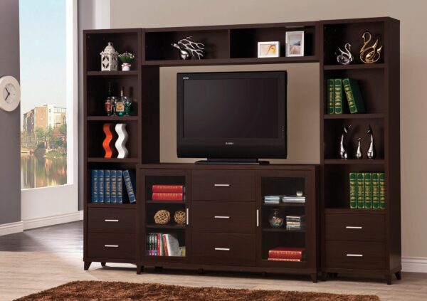 Modern & Minimal Style TV Console With Multi Shelves & Drawers, Cappuccino Brown