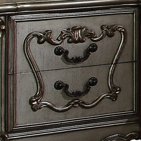 Two Drawer Nightstand With Oversized Scrolled Legs In Antique Platinum Finish