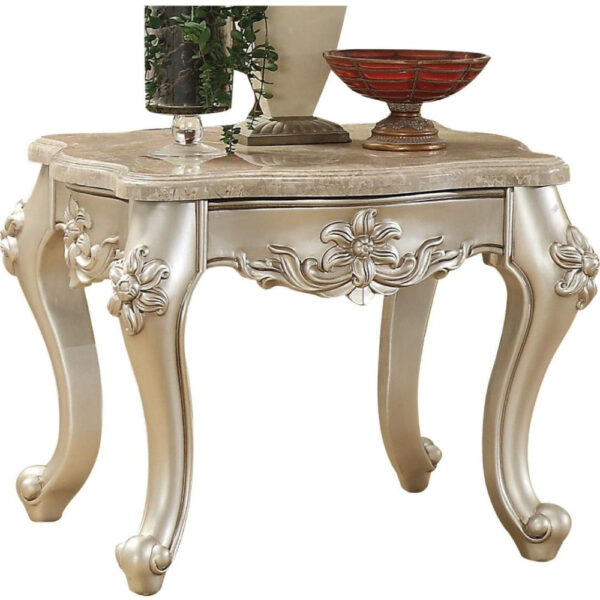 140220266990f93b59068.jpeg Marble Top End Table With Flower Motif Engraved Angular Wood Feet, Silver