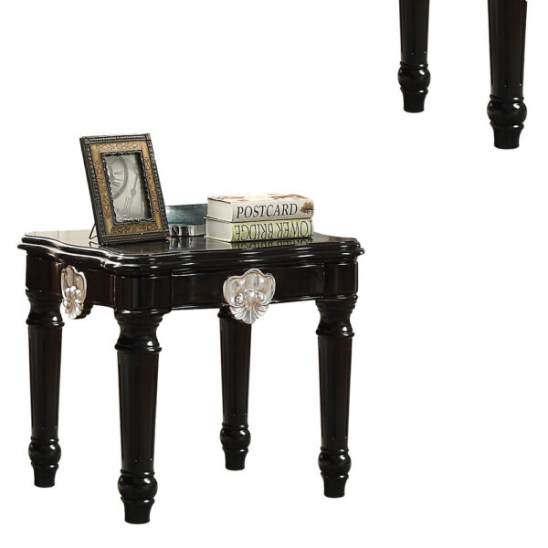 Wooden End Table With Contrast Carved Motif Turned Legs, Black