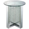 Round Mirrored Metal End Table with Glass Top and Crystal Accent Base, Silver