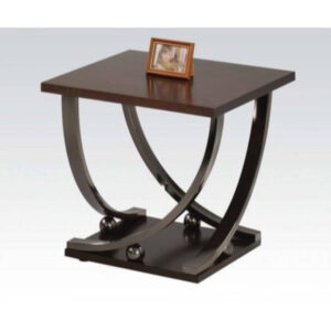 140220266990fa26e0ba7.jpeg Wood and Metal End Table with Sweeping Legs, Dark Walnut Brown and Black