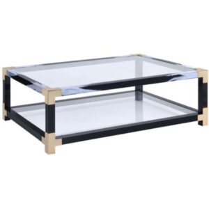 Rectangular Metal Coffee Table with Glass Top and Shelf, Black