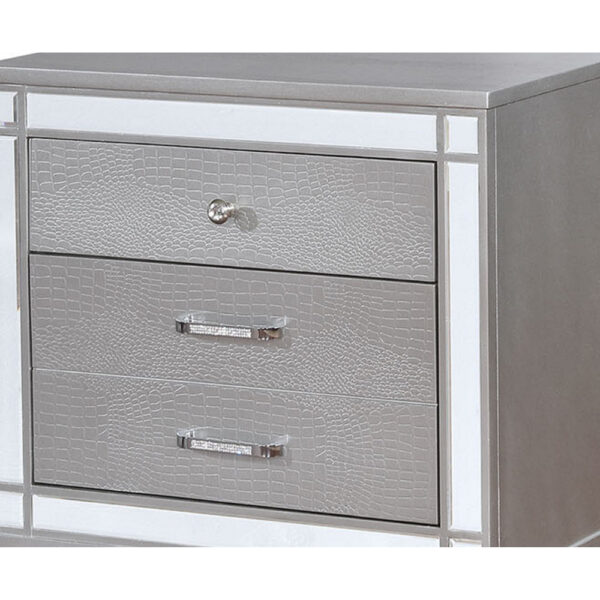 Three Drawer Solid Wood Nightstand with Mirror Accent Trim Front, Silver