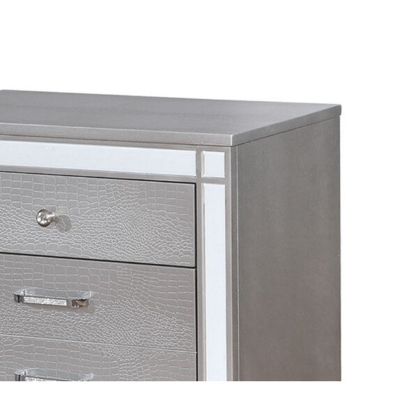 Three Drawer Solid Wood Nightstand with Mirror Accent Trim Front, Silver